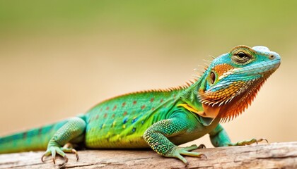 Fototapeta premium a close up of a green and orange lizard on a tree branch with a blurry back ground in the background.