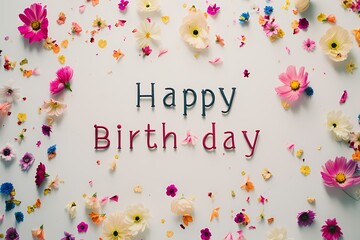 "Happy Birthday" message in a stylish font, perfectly placed on a pristine white background, photographed in high definition for a classic and joyful scene