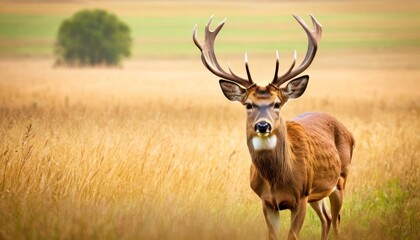 a close up of a deer in a field of tall grass with a tree in the backgrouf.