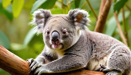 a koala sitting on top of a tree branch with its mouth open and it's tongue hanging out.