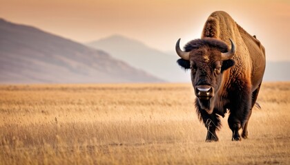 a large buffalo standing in the middle of a dry grass field with a mountain range in the backgroud.