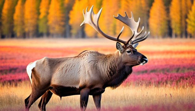 a large elk with large antlers standing in a field of purple and yellow flowers with trees in the background.