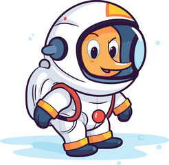 Cute cartoon astronaut carrying flag, smiling face inside helmet. Space exploration adventure theme vector illustration