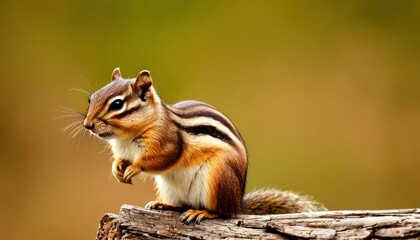 a close up of a squirrel on top of a tree trunk with a blurry background of grass and trees.