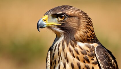 a close up of a bird of prey with brown and yellow feathers and a black head with a yellow beak.