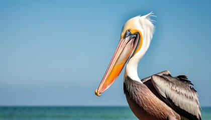 Fototapeta na wymiar a close up of a pelican on a beach with a blue sky in the background and a body of water in the foreground.