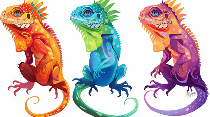 Conjunto de iguanas coloridas isoladas sobre fundo branco. Ilustração vetorial.