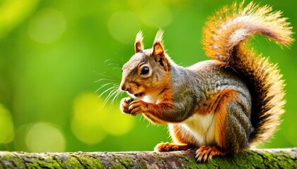 Obraz premium a close up of a squirrel on a tree branch with its mouth open and it's paw in the air.
