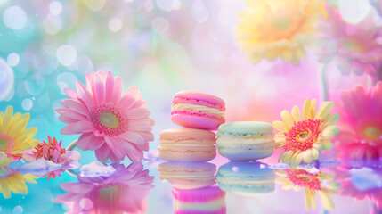 Macaroons of bright colors and colorful flowers against a bright background