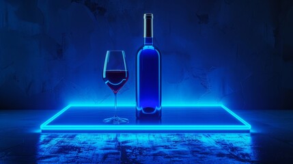An aesthetic promotional photo of wine in neon light. A bottle of wine with a glass