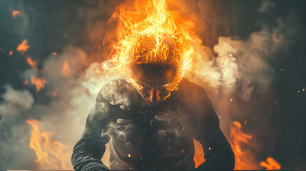 Person's head on fire, representing burnout. - obrazy, fototapety, plakaty