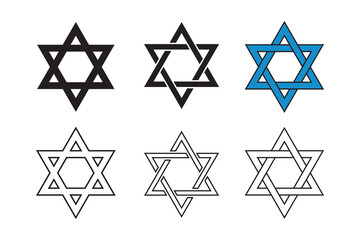 Star of David symbol. Jewish Israeli religious symbol. Judaism sign. Vector icon outline illustration in different style.