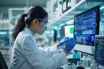 A meticulous research scientist in a lab coat is focused on analyzing complex genetic data on a computer screen in a laboratory setting.