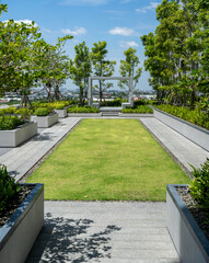 A neatly manicured rooftop garden pathway leading to a modern pergola with a panoramic city view.