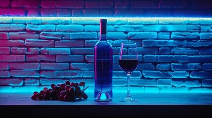 An aesthetic promotional photo of wine in neon light. A bottle of wine