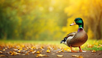 a close up of a duck on a road near a field with leaves on the ground and trees in the background.