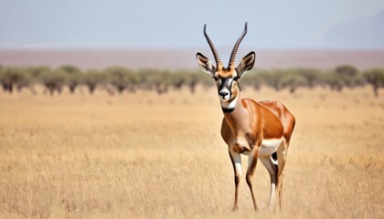 an antelope standing in the middle of a dry grass field with trees in the distance in the background.