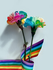 Two rainbow colored carnation flowers with a rainbow ribbon on neutral background, symbolizing...