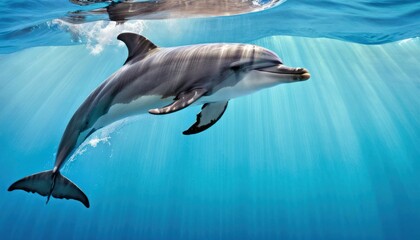 Obraz premium a couple of dolphins swimming next to each other on a body of water with a boat in the back ground.