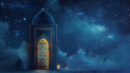 Islamic Ramadan greetings in a galaxy sky background with an ornate door