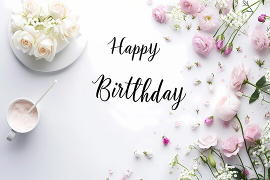 "Happy Birthday" message, beautifully displayed on a white background, photographed in high definition to showcase the simplicity and elegance of the celebration