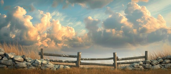 A painting depicting a rural field with a stone wall and a wooden fence under a serene sky with billowing clouds. The stone wall runs horizontally across the middle, while the wooden fence zigzags in - Powered by Adobe