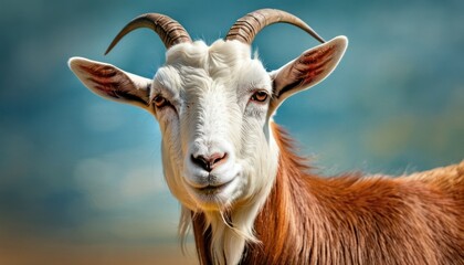 a close up of a goat's face with a blue sky in the backgrouf of the image.