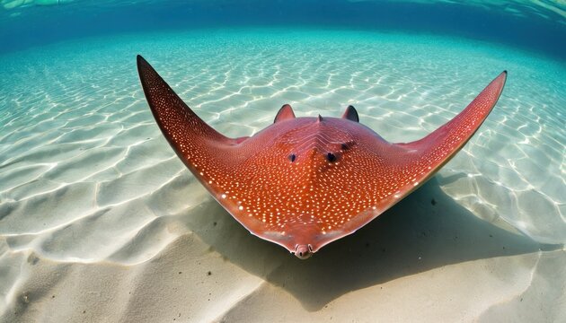 a close up of a stingfish in a body of water with sand and water ripples in the background.