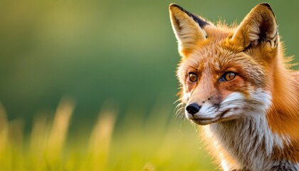 a close up of a red fox looking at the camera with grass in the foreground and a blurry background.