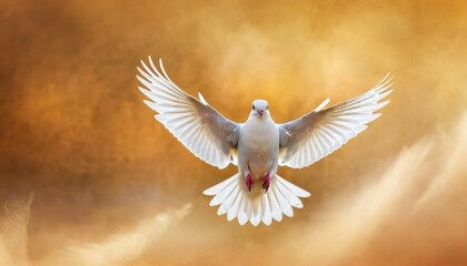 a white bird flying through the air with it's wings spread in front of a brown and yellow background.