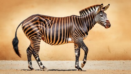 Fototapeta na wymiar a zebra standing on top of a sandy ground next to a brown and tan wall with a black stripe on it's body.