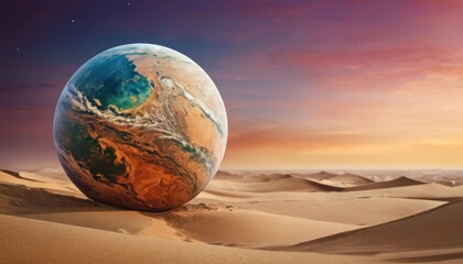 an egg shaped like a planet sitting on top of a sand dune in the middle of a desert at sunset. - obrazy, fototapety, plakaty
