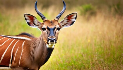 an antelope standing in a field of tall grass looking at the camera with long horns on its head.