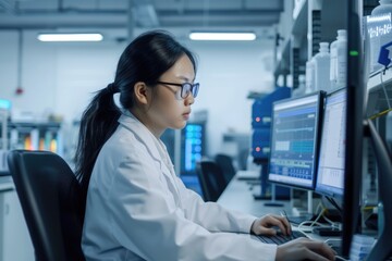 Focused female scientist working on a computer, analyzing research data in the high-tech environment of a contemporary laboratory.