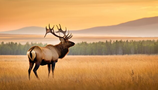 a large elk standing in the middle of a grass covered field with trees in the background and a mountain range in the distance.