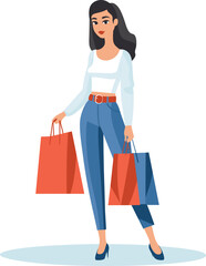 Young woman carrying shopping bags walking after good sale. Fashionable shopper enjoys retail therapy. Shopping spree, modern consumerism vector illustration