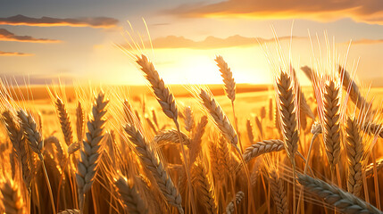 Close-up of a wheat field with sunlight shining through the ears in the foreground