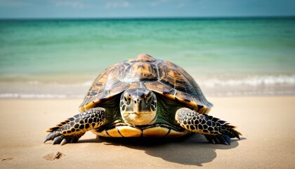 a close up of a turtle on a beach with the ocean in the backgrouch and a blue sky in the background.