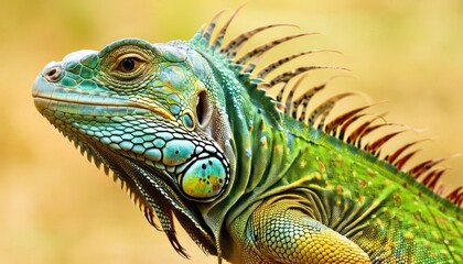 Fototapeta premium a close up of an iguana's head and neck with yellow and green leaves in the background.