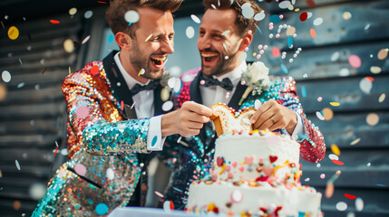 Fototapeta na wymiar Vibrant Wedding Moment: Men Share Playful Cake Slice
