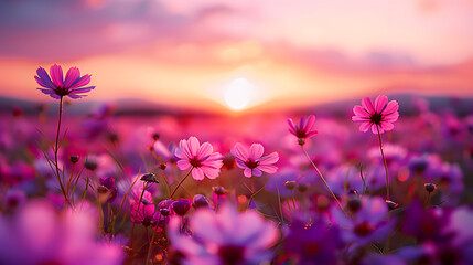 beautiful colorful meadow of wild flowers floral background, landscape with purple pink flowers with sunset and blurred background. Soft pastel Magical nature copy space