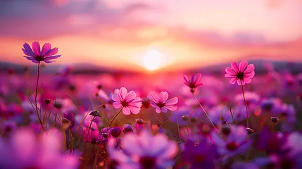 Photo sur Plexiglas Violet beautiful colorful meadow of wild flowers floral background, landscape with purple pink flowers with sunset and blurred background. Soft pastel Magical nature copy space