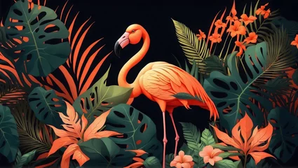 Foto auf Glas A vibrant flamingo stands gracefully amidst tropical foliage, surrounded by colorful exotic flowers and lush green leaves © CraftyStarVisual