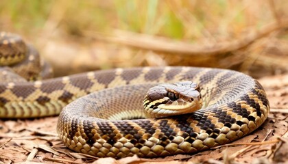 Obraz premium a close up of a snake on the ground with grass in the back ground and bushes in the back ground.