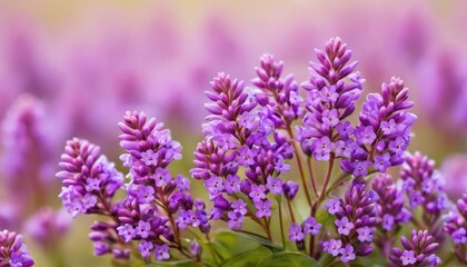 Fototapeta premium a close up of a bunch of purple flowers with green leaves in the foreground and a blurry background.