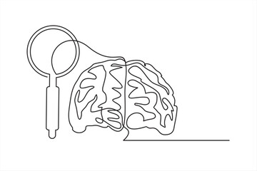 Magnifying glass with brain one continuous line vector illustration