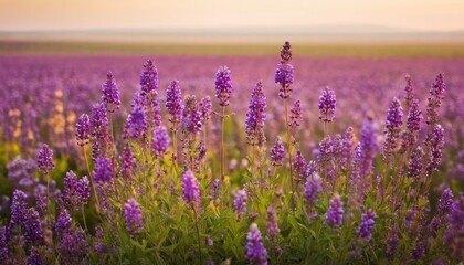 Naklejka premium a field filled with lots of purple flowers next to a field of green and purple flowers with a sky in the background.