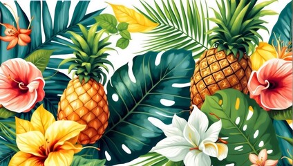 Fototapeta premium Aesthetic arrangement of tropical pink and white flowers, green leaves, pineapples and Hawaiian hibiscus on a white backdrop