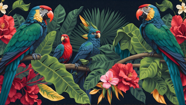 Tropical jungle scene with vibrant colorful parrots perched on lush green trees, red, pink and yellow flowers, capturing a colorful and exotic vibe, rainforest background