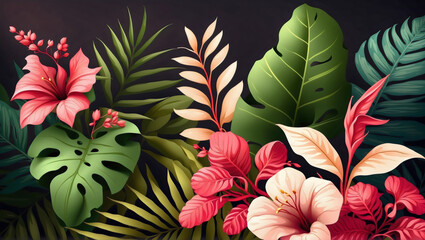 Drawing featuring vibrant exotic pink flowers and lush green shades of palm leaves in a tropical setting.